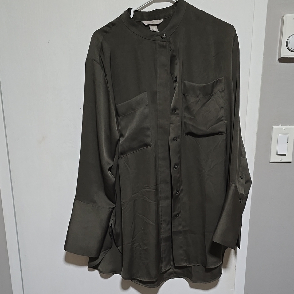 Womens Olive Green Button-Up Shirt Satin Size M